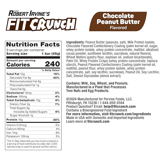 FITCRUNCH Wafer Protein Bars 16g of Protein &amp 3g of Sugar (9 Bars Chocolate Peanut Butter)