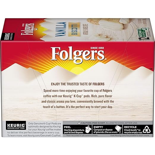 Folgers Vanilla Biscotti Flavored Coffee 12 K Cups for Keurig Coffee Makers