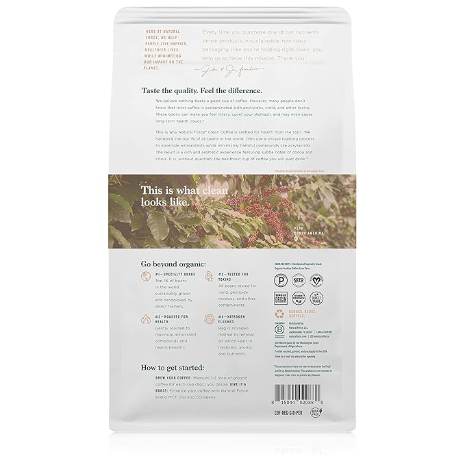 Natural Force - Organic Clean Coffee Classic Mold &amp Mycotoxin Free Lab Tested for Toxins &amp Purity Low Acidity Incredible Taste &amp Aroma Ground Medium Roast 10 oz