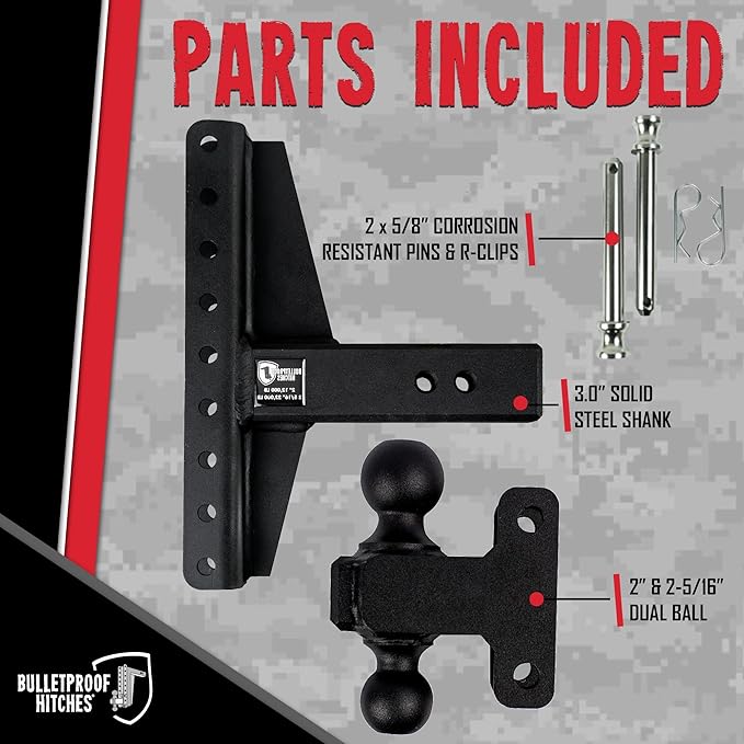 BulletProof Hitches - 3.0 Adjustable Heavy Duty Trailer Hitch (22000 lb. Rating) - Offset 4 &amp 6 Drop/Rise Trailer Hitch with 2 &amp 2-5/16 Dual Ball - Powder Coat Solid Steel Corrosion-Re