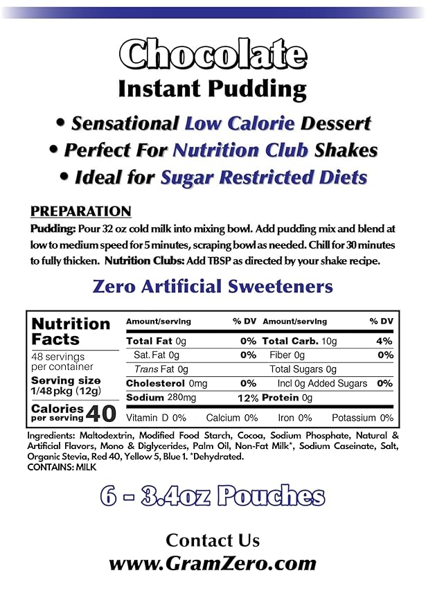 GramZero Chocolate Sugar Free Pudding Mix 6-Pack Great For Nutrition Club Meal Replacement Shakes Low Calorie Dessert Stevia Sweetened