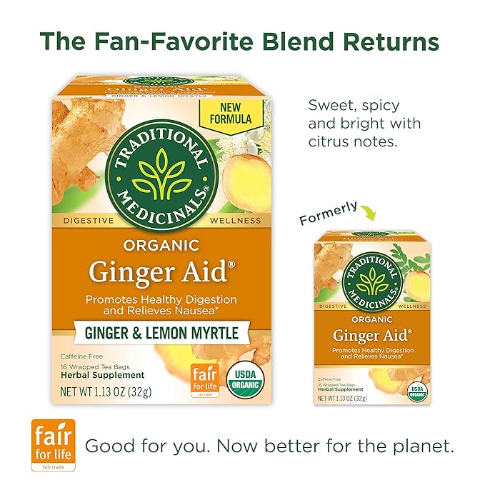 Traditional Medicinals Tea Organic Ginger Aid Promotes Healthy Digestion Kosher Non-GMO Caffeine-Free Compostable - 96 Tea Bags (6 Pack)
