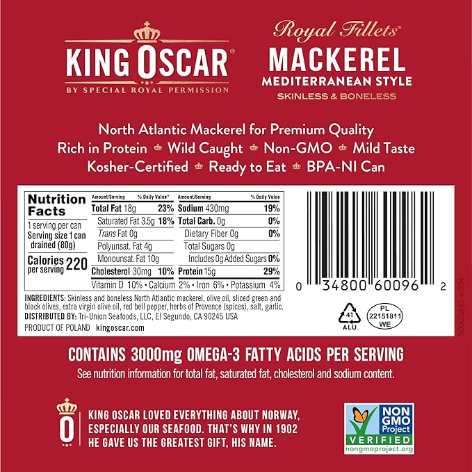 King Oscar Mackerel in Olive Oil Mediterranean Style 4.05 Ounce Can (Pack of 12 Packaging May Vary) Skinless &amp Boneless Wild Caught Canned Mackerel