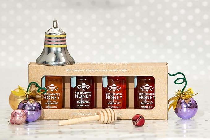 Bee Harmony Coast-to-Coast Honey Flight Mini Honey Gift Set 4 Jars 3 OZ Each Premium Raw Made in the USA