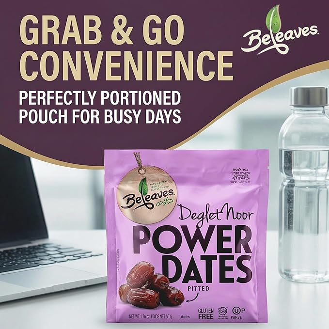 Beleaves Deglet Noor Pitted Power Dates 1.76 oz (12 Pack) | Single Serve Snack Pouches | Low Sodium High Fiber | Natural Energy Fruit Snack | No Added Sugar Gluten Free Vegan | Kosher