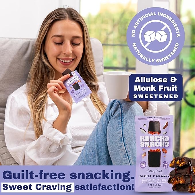 Krack’d Snacks Keto Chocolate Snack Bars - Low Carb Vegan Chocolate with Almonds and Coconut Caramel - Gluten Free Sugar Free (Dark Chocolate Aloha Caramel 5 Pk)