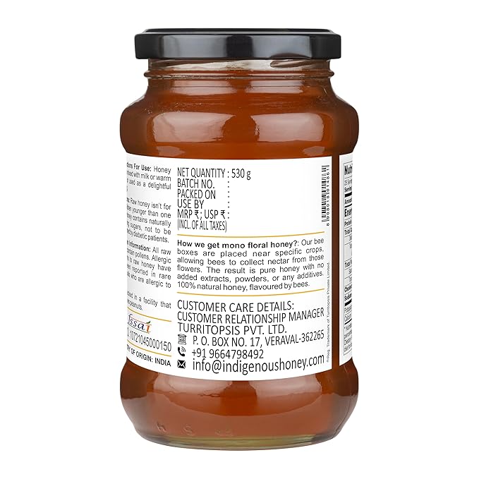 INDIGENOUS HONEY Sunflower Honey Raw Organic Natural Pure Unprocessed NMR Tested Unpasteurized Unheated 530g Glass Jar Pack of 1
