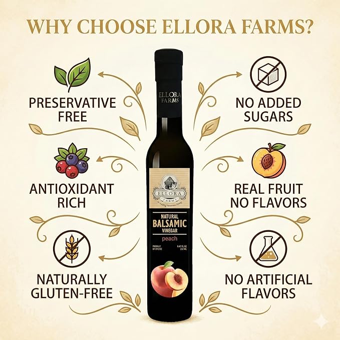 Ellora Farms Peach Infused Balsamic Vinegar Great Taste Award thick and creamy no-added sugars no-preservatives 8.45 oz. bottle (Peach)