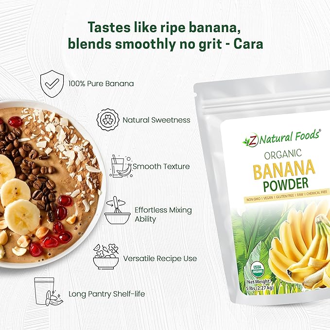 Z Natural Foods Organic Banana Powder Fiber Supplement for Glowing Skin and Enhanced Immunity Great in Juice Smoothies and Recipes Non-GMO Vegan Gluten-Free Kosher 5 lbs