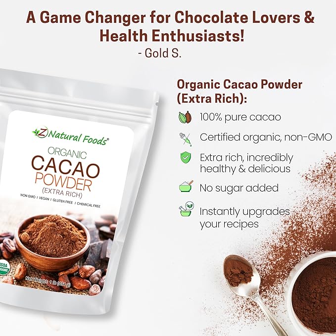 Z Natural Foods Organic Cacao Powder - Unsweetened Nutrient-Dense Superfood for Healthy Aging - Extra-Rich Dark Chocolate Flavor Perfect for Chocolate Recipes Shakes or Smoothies 1 lb