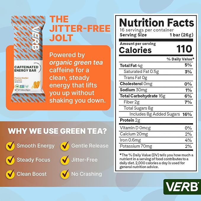 Verb Caffeinated Energy Bars Peanut Butter Cookie (26g Pack of 16) 110-Calorie Delicious Energy Bar - Vegan Gluten Free On-the Go Snack with 80mg Green Tea Caffeine Only Real-Food Ingredients