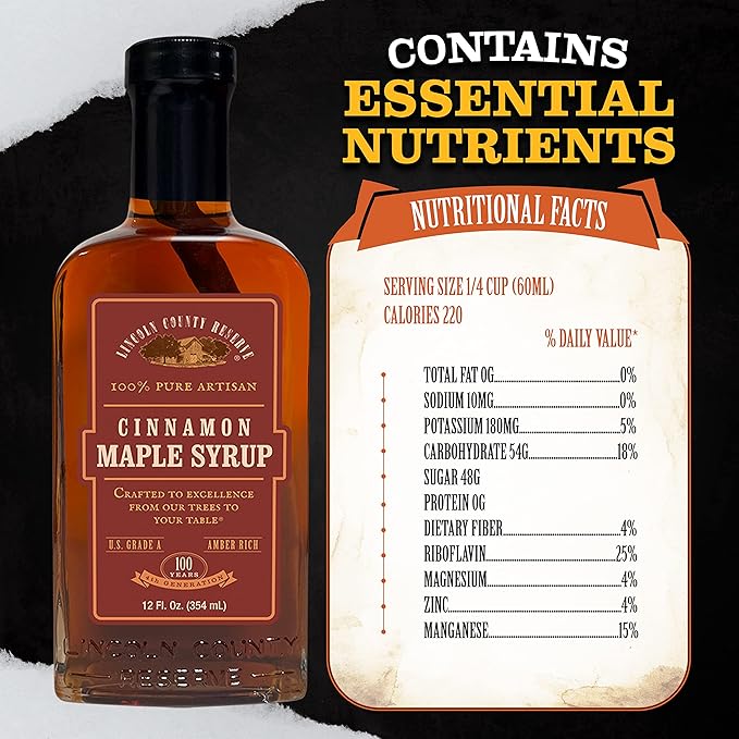 Lincoln County Reserve Cinnamon Maple Syrup Made in USA with Real Cinnamon Stick Amber Rich Grade A Real American Made for French Toast Pancakes Oatmeal and More