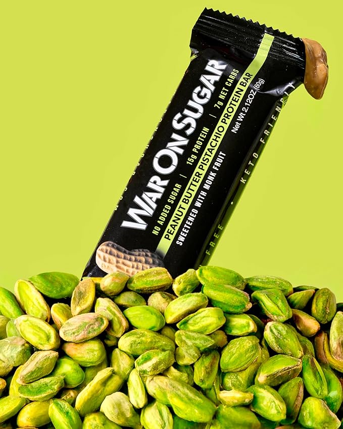 War on Sugar Peanut Butter Pistachio - High Protein Bars No Sugar Added 15g Protein 7g Net Carbs Keto Friendly Gluten Free All-Natural Ingredients Monk Fruit Sweetened No Crash - 12 Count Box