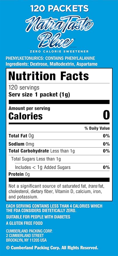 NatraTaste Blue Zero Calorie Sweetener Bulk Sugar Substitute for Coffee Iced Tea Lemonade Hot &amp Cold Drinks Baking Cooking Low Carb Vegan Sugar Alternative 120 Packets Value Box (12 pack