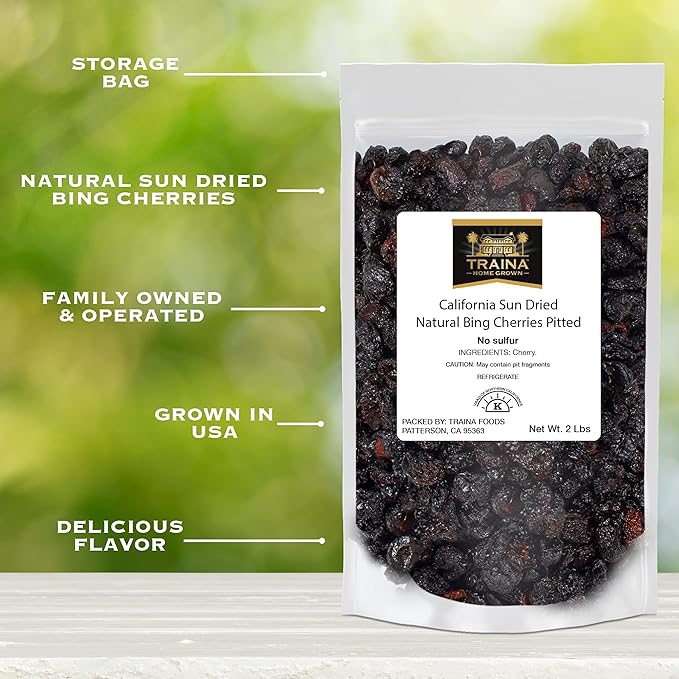 Traina Home Grown California Sun Dried Natural Pitted Cherries - Healthy Natural No Added Sugar Non GMO Gluten Free Kosher Certified Vegan Dark Red Packed in Resealable Pouch (2 lbs)