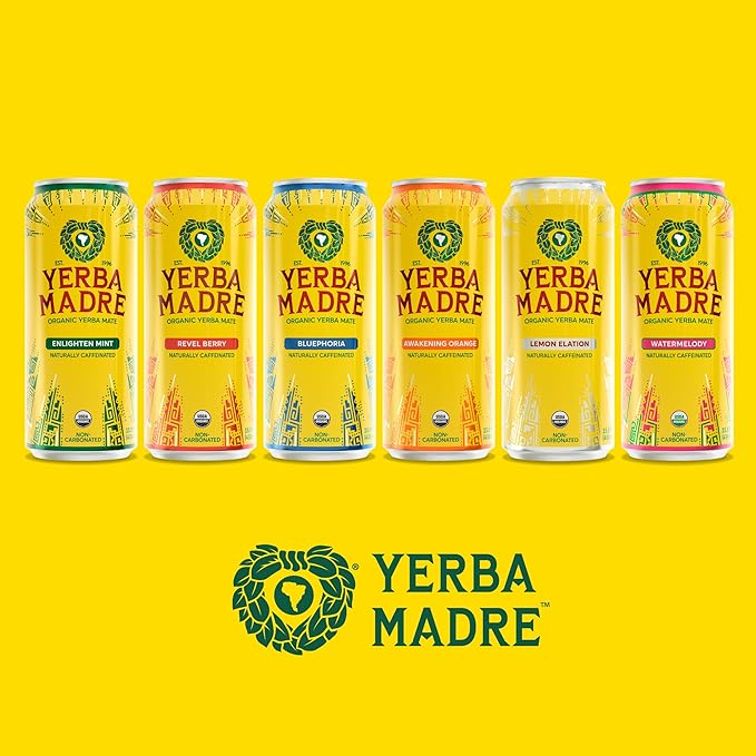 Yerba Madre Organic Yerba Mate Awakening Orange 150mg Natural Caffeine Energy Drink Alternative No Jitters or Crash 15.5 Oz Cans (Pack of 12)