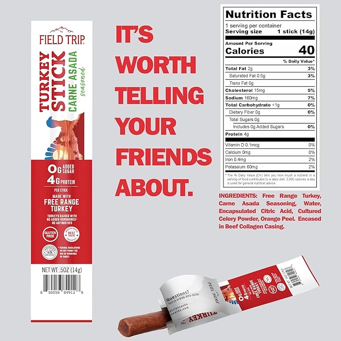 Field Trip Free Range Carne Asada Turkey Jerky Snack Sticks Zero Sugar Keto Paleo Gluten Free Allergy Friendly Snack High Protein 50 Calorie Snack 0.5oz 24 Pack