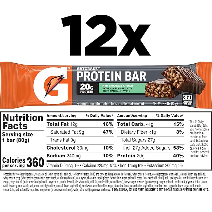 Gatorade Whey Protein Bars Mint Chocolate Crunch 2.8 oz bars (Pack of 12 20g of protein per bar)