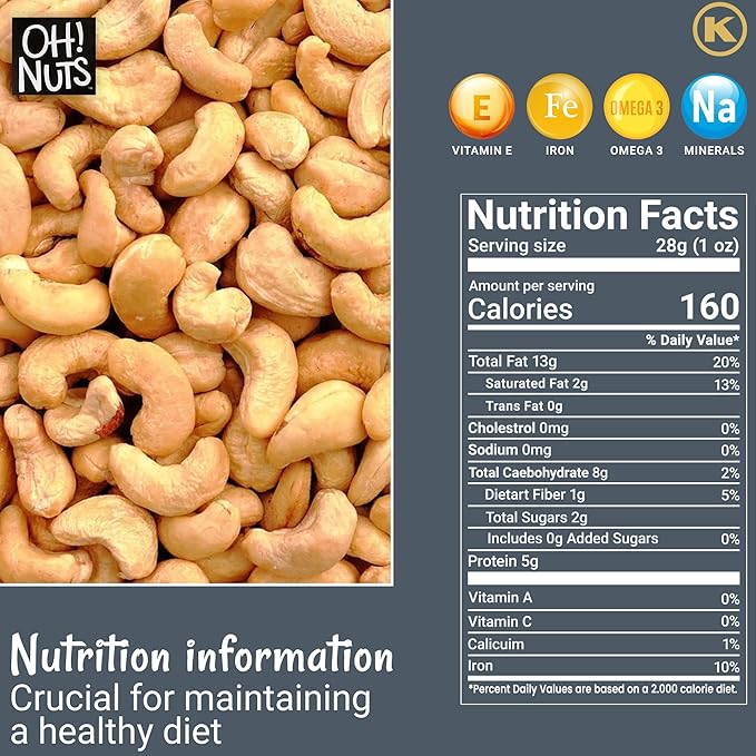 Oh! Nuts Cashews Raw Individual Nut Snacks for On-the-Go - 12 Convenient Nut Snacks for School - Bulk Nuts Variety - Individual Packs (1.5 oz Each)
