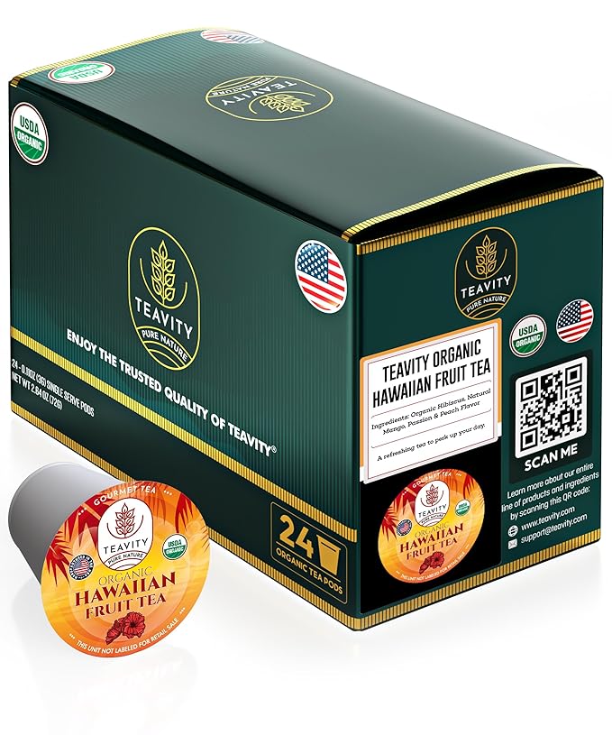 Organic Hibiscus Sabdariffa Tea Pods with Peach Mango &amp Passionfruit - Naturally Decaf Tea - Hawaiian Fruit Tea by Teavity (24 Tea Pods)