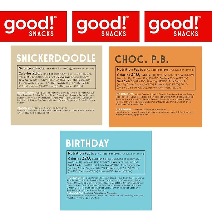 good! Snacks 3 Flavor Variety Pack Vegan Protein Bars Birthday Cake Chocolate Peanutbutter &amp Snickerdoodle Protein Bar Soy &amp Gluten Free Plant Based Low Sugar 15g Clean Protein Healthy