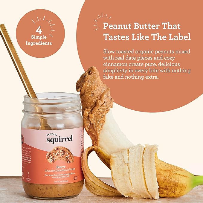 French Squirrel Peanut Beurre - Gluten-Free Nutrient-rich Fresh Peanut Butter - Vegan PeanutButter w/Dates Cinnamon Sea Salt - Crunchy Peanutbutter for Toasts Oatmeal Porridge &amp More (2 Pack)