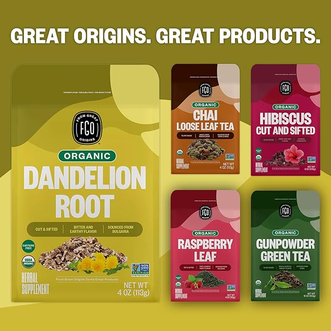 FGO Organic Dandelion Root Loose Tea Cut and Sifted Caffeine Free 16oz Bulk Resealable Bag Packaging May Vary (Pack of 1)