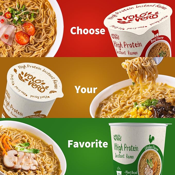 VOLO VERO High Protein (32g) Instant Ramen Spicy Beef Flavor Soup Cup 6 Packs Vegan Noodles Asian Plant-Based Non-Fried Low Fat Non-GMO Egg &amp Dairy Free Quick Healthy Meal Holiday Gift