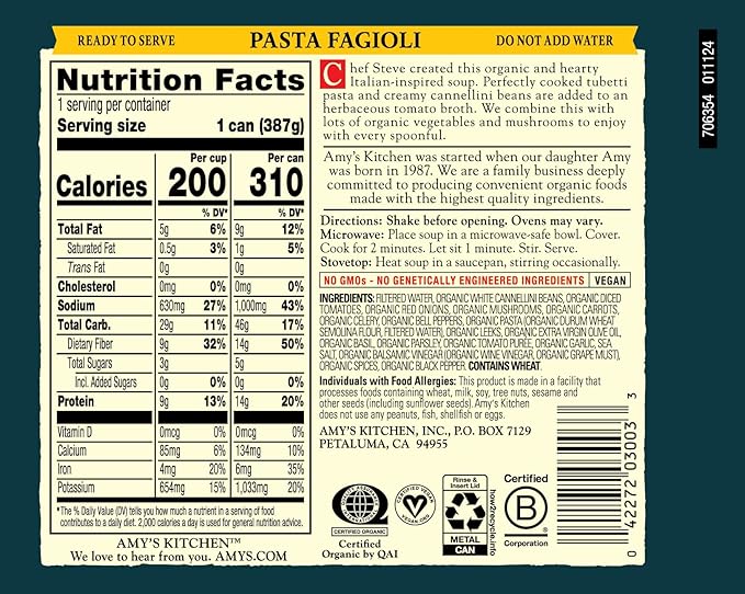 Amy's Organic Classic Italian Pasta Fagioli Soup Dairy Free Non GMO 13.65 Ounces (Pack Of 12)