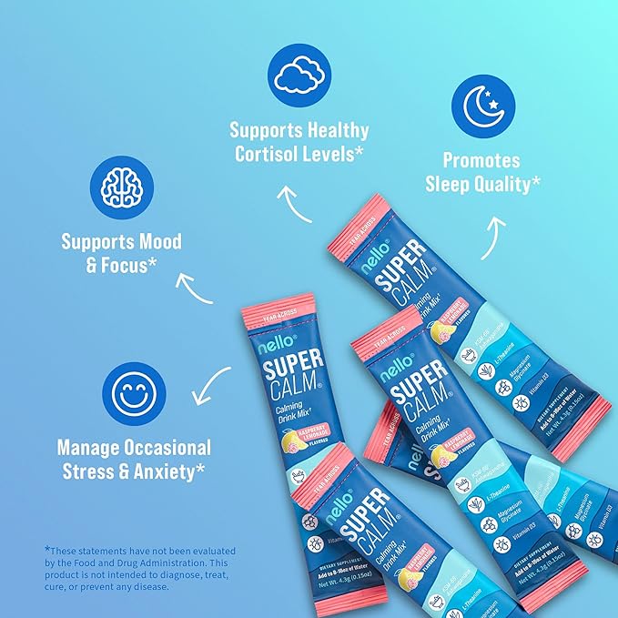 Nello Supercalm Powdered Drink Mix Cortisol Reducer and Sleep Aid Supplement L Theanine Ksm-66 Ashwagandha Magnesium Glycinate Vitamin D 3 No Sugar Non GMO On The Go 20 Ct Raspberry Lemonade