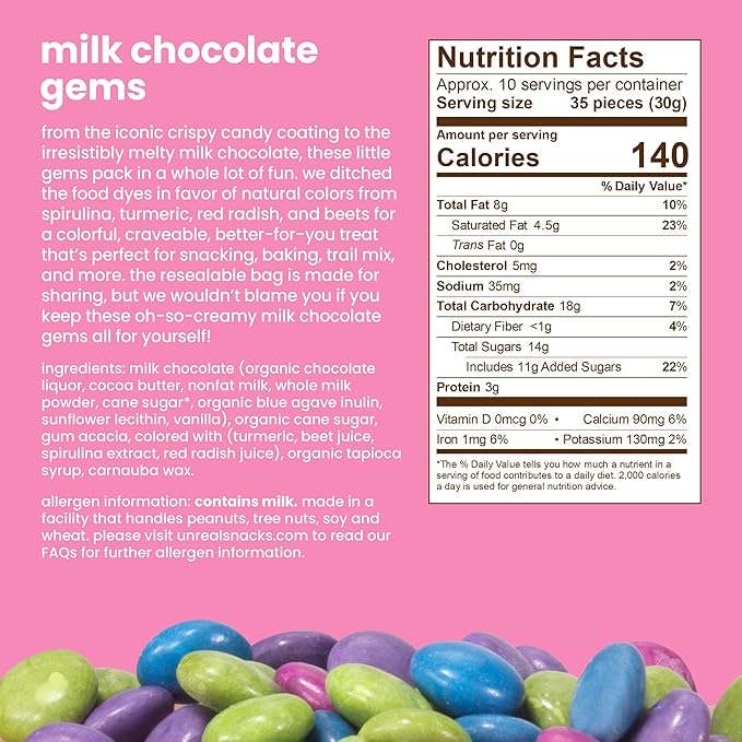 UNREAL Milk Chocolate Gems | Certified Fair Trade Non-GMO | Made with Gluten Free Ingredients and Colors from Nature | No Sugar Alcohols or Soy | 12 Snack Packs