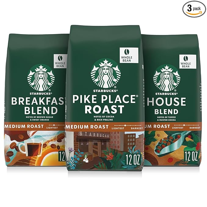 Starbucks Whole Coffee Beans Medium Roast Hot or Iced Coffee Variety Pack Three 12 oz Bags