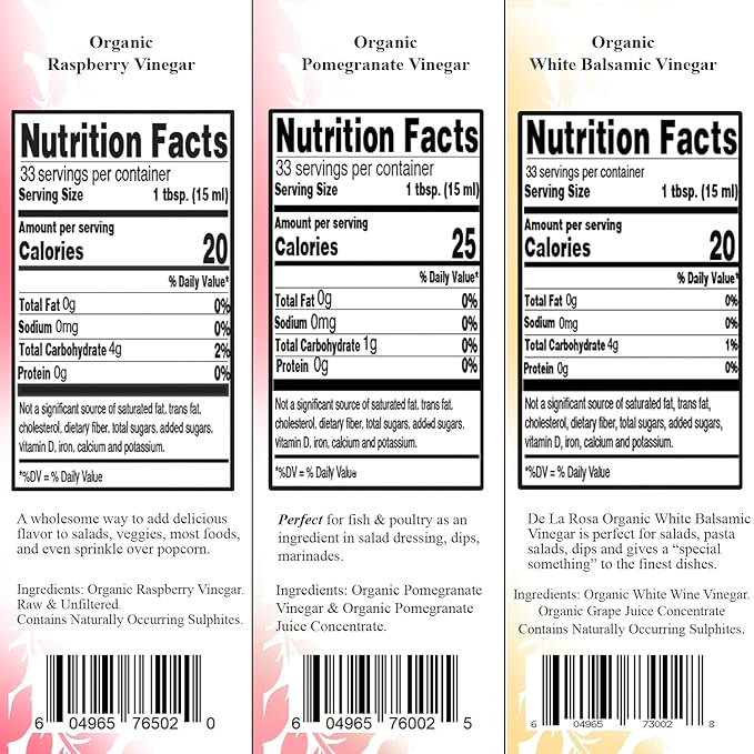 De La Rosa Organic Vinegar Variety Pack Raspberry Pomegranate &amp White Balsamic Vinegar Vegan Kosher Non-GMO &amp Gluten Free Great for Salad Dressing Marinades &amp More | 16.9 Oz (Pack o