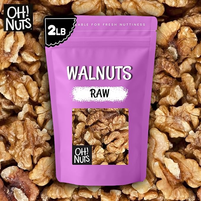Oh! Nuts Raw Walnuts 2lb Bulk Bag - Unshelled Healthy Mix of Chandler Halves &amp Pieces - Fresh &amp Healthy Keto Snacks - Chopped Nuts for Vegan Paleo &amp Gluten-Free Diets - For Gourmet Baking