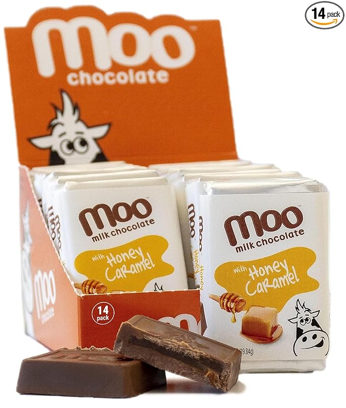 Moo Chocolates All Natural Milk Chocolate Mini Bars with Honey Caramel 0.7 oz 14 ct (Pack of 1) | 70 Calorie Snacks for On-the-Go Lunchboxes Office