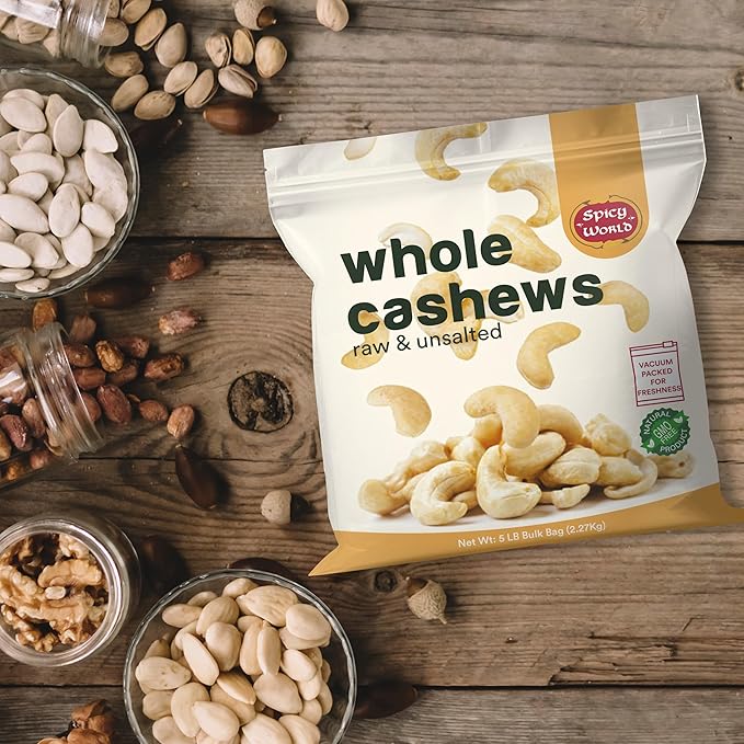 Spicy World Raw Cashews 5 LB (80oz) Bulk - Non-GMO Gluten Free Peanut Free No Additives Unsalted Natural &amp Pure Whole Cashews - Great for Pesto Salads Baking Roasting &amp Cooking