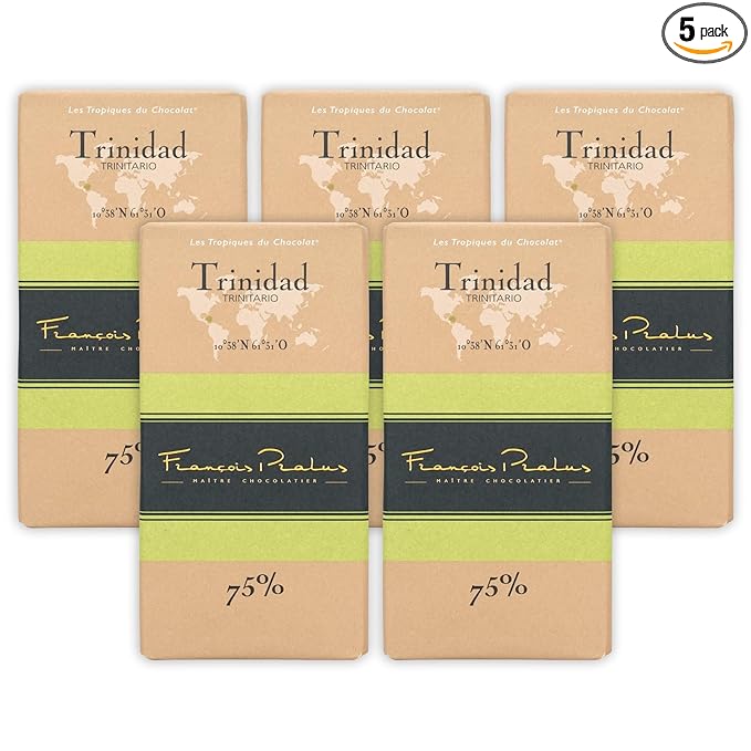 François Pralus Trinidad 75% Dark Chocolate 5 Pack - French Chocolate - Bean-to-Bar Direct Trade - Vegan Gluten-Free Soy-Free - Bundle