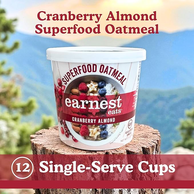Earnest Eats Superfood Oatmeal Cups - Cranberry Almond Flax – 7g Plant Protein Gluten Free Vegan On-the-Go Breakfast 2.1 Ounces Each (12 Pack)