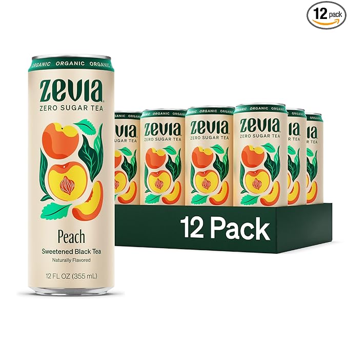 Zevia Zero Sugar Tea Black Tea with Peach 12 oz Cans (12-Pack) – Naturally Sweetened Zero Calorie Sugar Free - Non-GMO Project Verified Gluten-Free Vegan