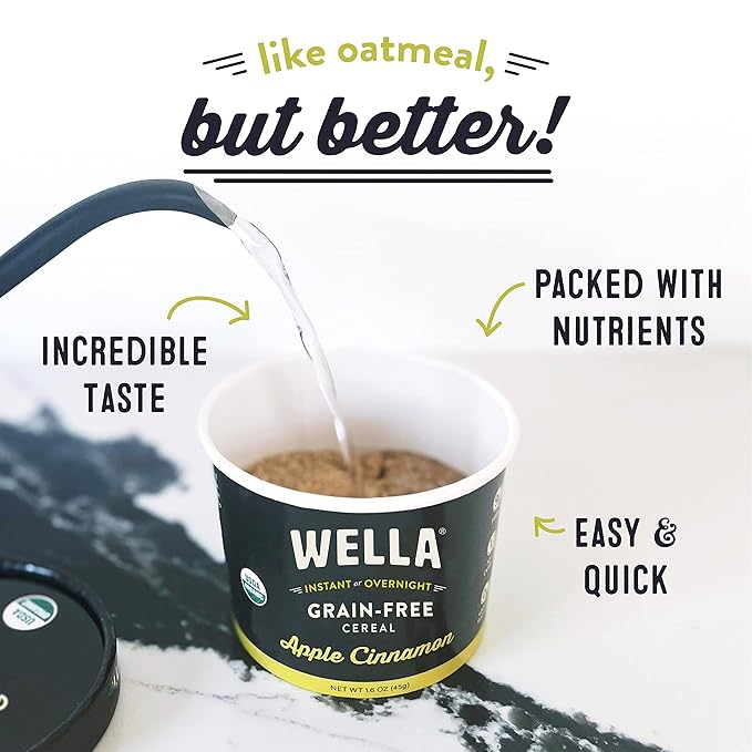 Wella Cereal Oatmeal Alternative Gluten-Free Breakfast Hot Cereal Grain-Free Paleo Organic Vegan High Protein Superfood Plant-Based Non-GMO Low in Net Carbs Single-Serve Cups Apple Cinnamon Flav