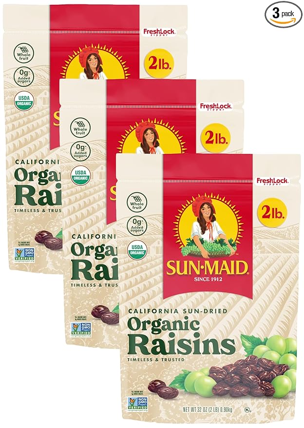 Sun-Maid Organic California Sun-Dried Raisins (3 Pack) 32 oz Resealable Bags - Organic Dried Fruit Snack for Lunches Snacks and Holiday Charcuterie Boards