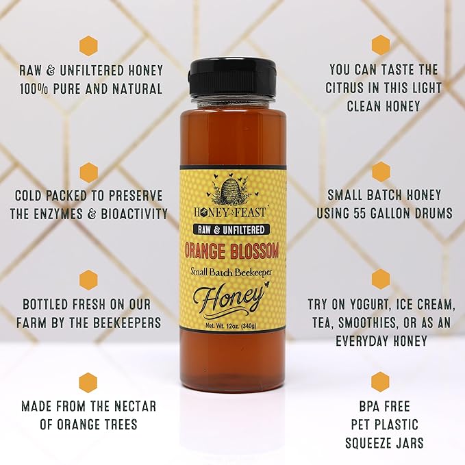 HONEY FEAST Raw Enthusiast Trio – Gift Set with 12oz Manuka Infused with Propolis Orange Blossom and Wildflower Honey – For Tea Cooking and Everyday Use