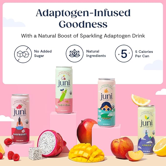 Juni Sparkling Adaptogen Drink with Ashwagandha Lion’s Mane &amp Reishi Mushrooms Green Tea for Focus Zero Sugar 10 Calories Organic Non Alcoholic Drinks - Lemonade Iced Tea 12 pack