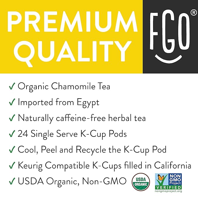 FGO Organic Chamomile Tea K-Cup Pods for Keurig 24 Count (Pack of 1) Naturally Caffeine-Free Herbal Tea USDA Organic Non-GMO &amp Recyclable