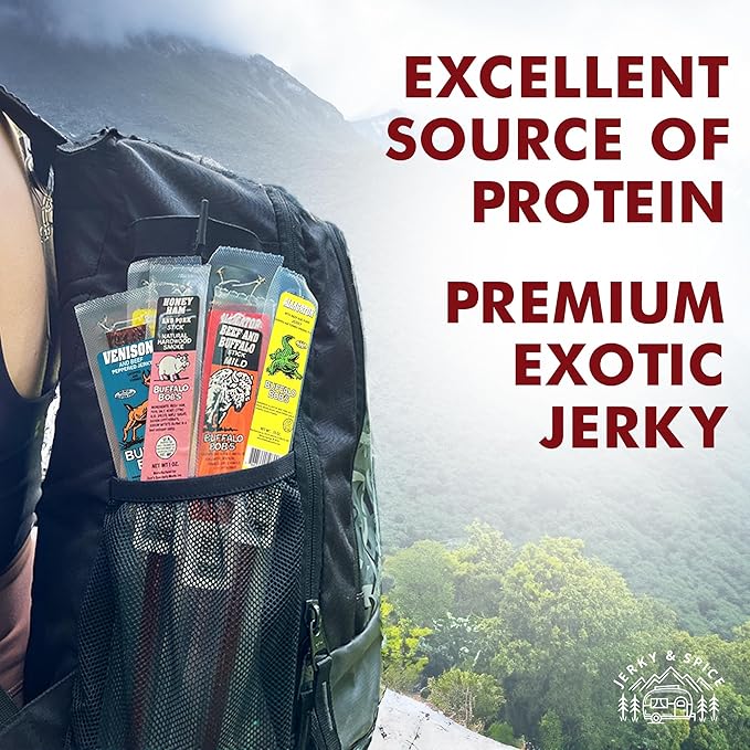 Jerky-n-Spice Exotic Jerky Sticks Gift Box | Snacks Variety Pack for Adults | Exotic Meat Sampler | Beef Jerky Gift Basket for Birthday &amp Any Occasions | Meat Bouquet Healthy Snack Box | 20 Pack