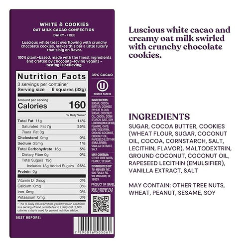 7th Heaven Vegan Oat Milk Chocolate Bars: White &amp Cookies - (3.5 oz - 4 Pack) Healthy Chocolate Perfect Valentines Gift For Your Loved Ones 100% Dairy Free Non GMO Kosher Parve Cruelty Free