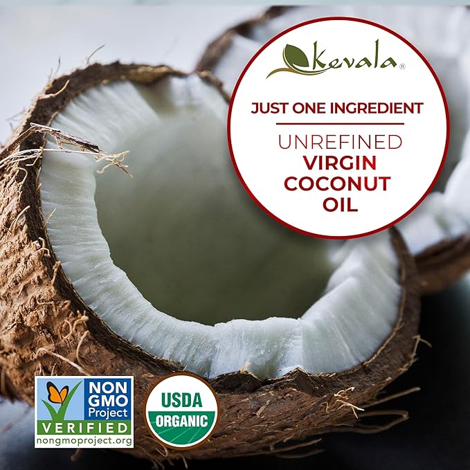 Kevala Organic Coconut Oil - Extra Virgin Oil with High Smoke Point for Baking and Cooking Natural and Fresh Coconut Scent for Body Massages Complements Recipes from Many Cultures Bulk Size 8 lb