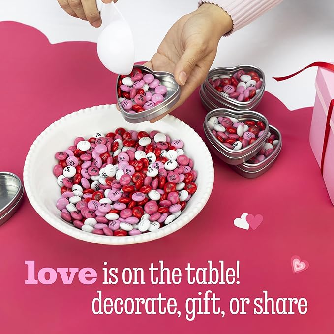 M&ampM’S Valentine's Day Chocolate Gift Kit 2lb Red Pink White M&ampM'S with Messages 20 Heart-Shaped Silver Tins for Personalized Candy Favors Galentine’s Gifts Party Favors Office Candy Treat