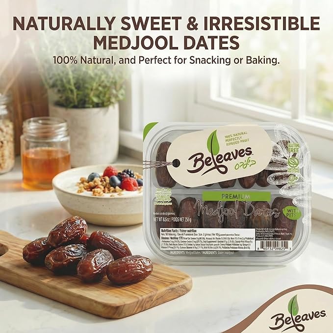 Beleaves Premium Medjool Dates 8 oz (4 Pack) | Vegan Gluten Free Kosher Nothing Artificial | Healthy Snack Baking &amp Salad Ingredient | Naturally Sweet Caramel-Like Flavor