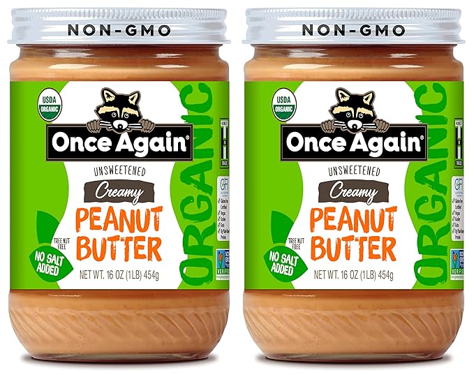 Once Again Organic Creamy Peanut Butter 16oz - Salt Free Unsweetened - USDA Organic Gluten Free Certified Vegan Kosher - Glass Jar - 2 Pack
